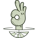 hand with the okey dokey sign/number three. illustrated retro cartoon hand in a 40s rubberhose style. light green with a heavy dark green outline, illustrated cross-hatchings and line marks, and a half tone finish.