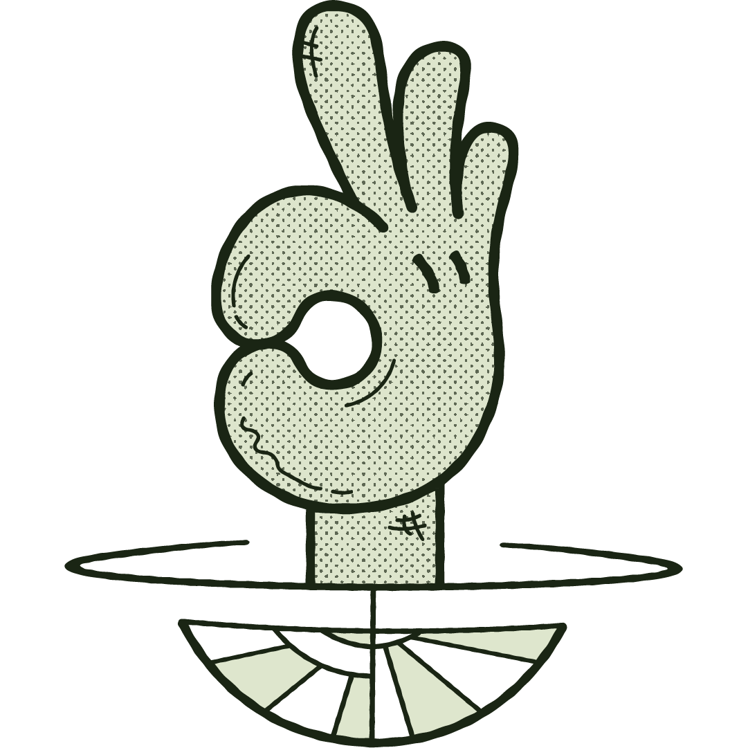 hand with the okey dokey sign/number three. illustrated retro cartoon hand in a 40s rubberhose style. light green with a heavy dark green outline, illustrated cross-hatchings and line marks, and a half tone finish.