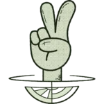 hand giving peace sign/number two. illustrated retro cartoon hand in a 40s rubberhose style. light green with a heavy dark green outline, illustrated cross-hatchings and line marks, and a half tone finish.