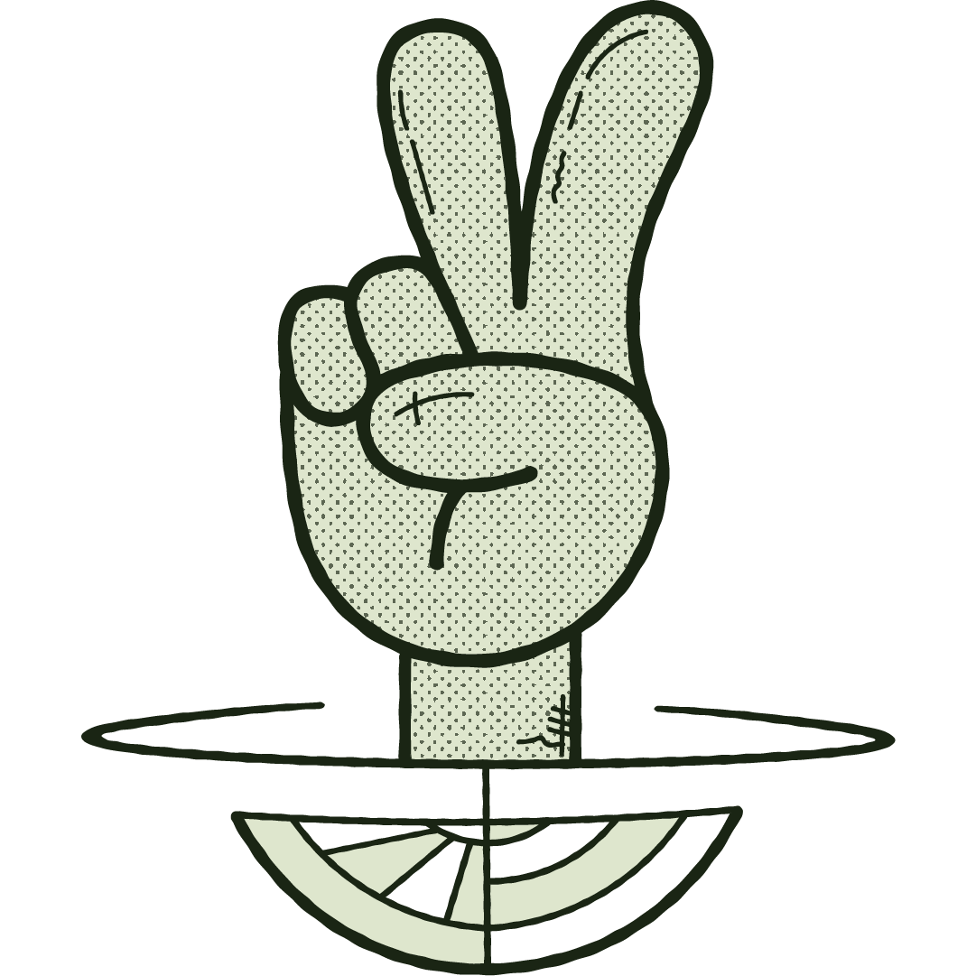 hand giving peace sign/number two. illustrated retro cartoon hand in a 40s rubberhose style. light green with a heavy dark green outline, illustrated cross-hatchings and line marks, and a half tone finish.