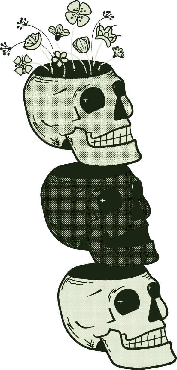 illustrated retro cartoon skulls with top removed and retro stylised flowers growing. three stacked on one another, off-white, light green, and dark green with a heavy dark green outline, illustrated cross-hatchings and line marks, and a half tone finish.