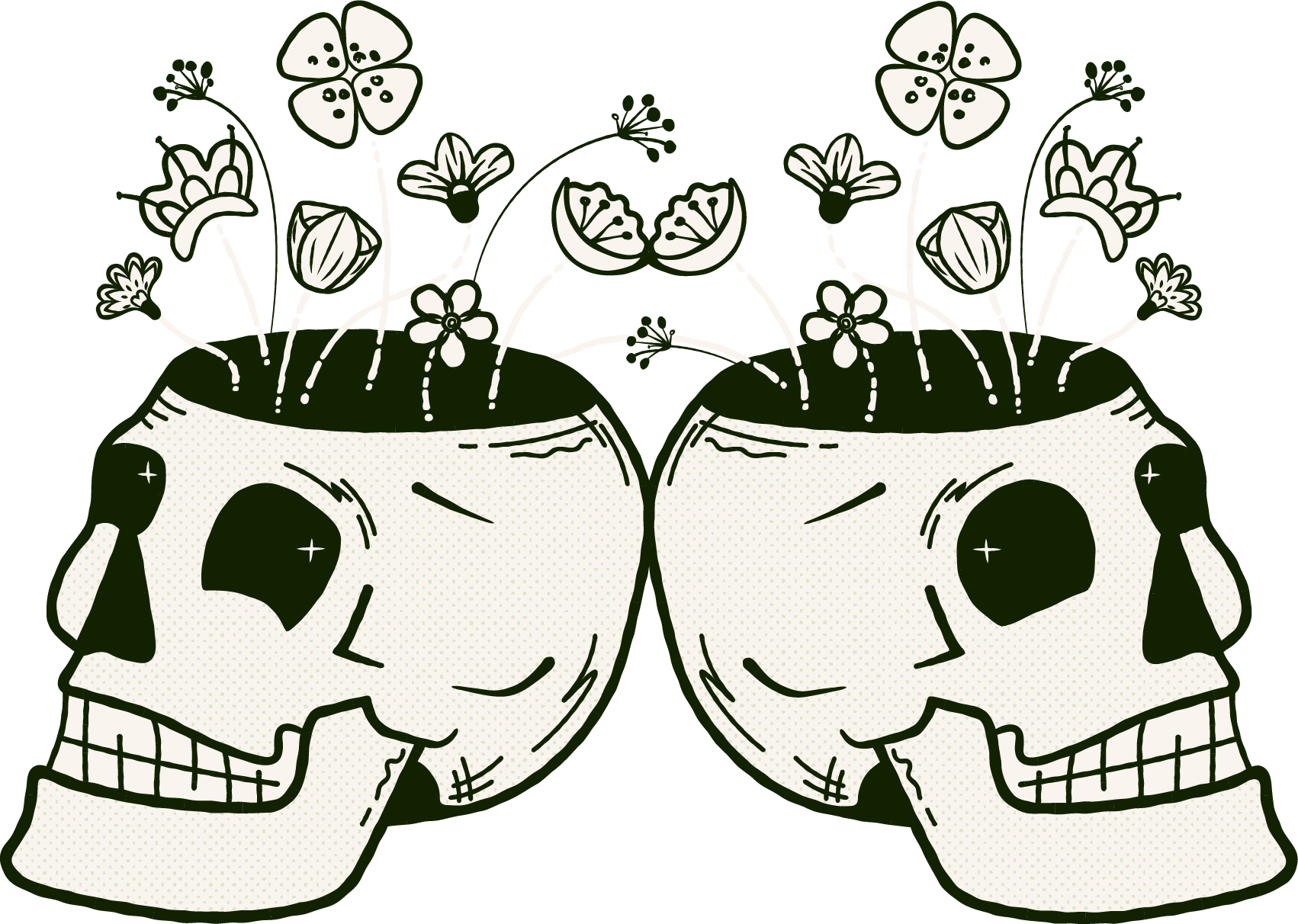 illustrated retro cartoon skulls with top removed and retro stylised flowers growing. warm off-white with a heavy dark green outline, illustrated cross-hatchings and line marks, and a half tone finish.