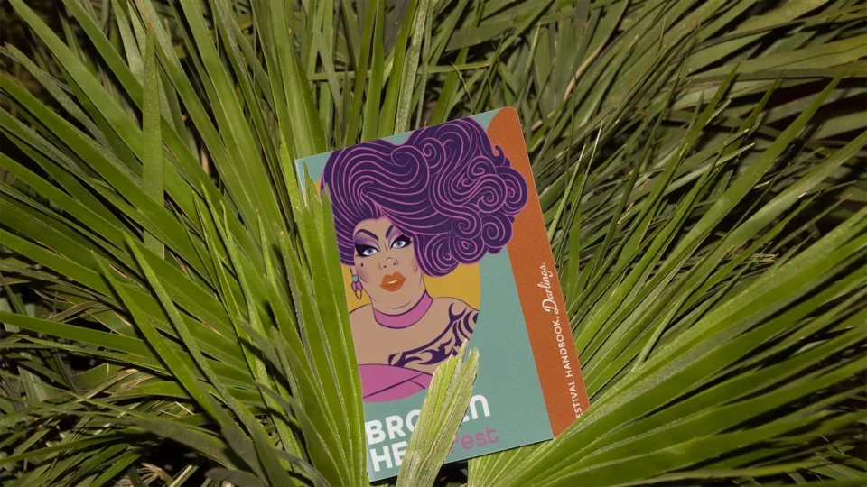 vibrant original festival branding featuring custom illustrations of performer in drag wearing fabulous oversized purple wig and striking makeup with a strong smize. event collateral festival handbook merchandise sitting in a green bed of ferns.