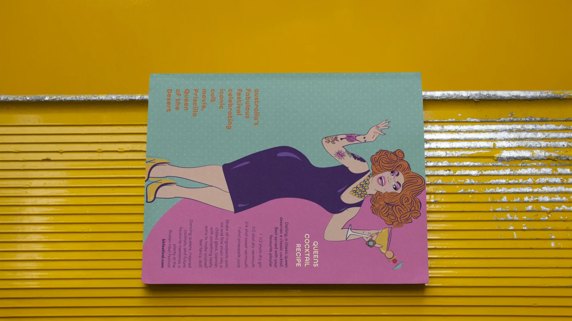 vibrant original festival branding featuring custom illustrations of performer in drag wearing fabulous oversized orange wig and classic lbd, in a stunning shade of purple, holding a summery cocktail and smiling widely. custom illustrated editorial spread.