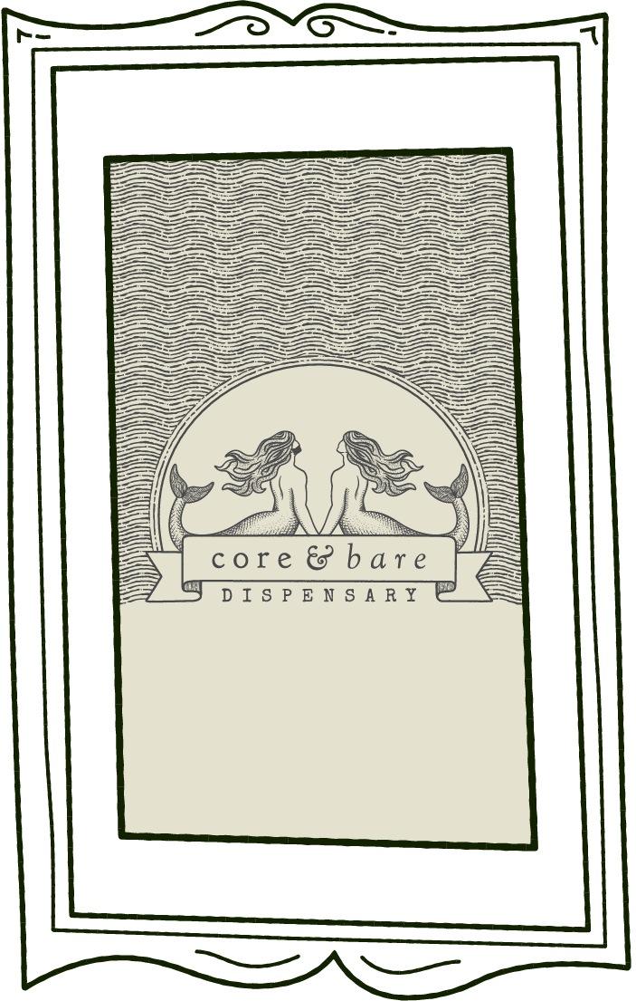 high-detail vintage style illustrative logo for core & bare dispensary cbd bath salts.
