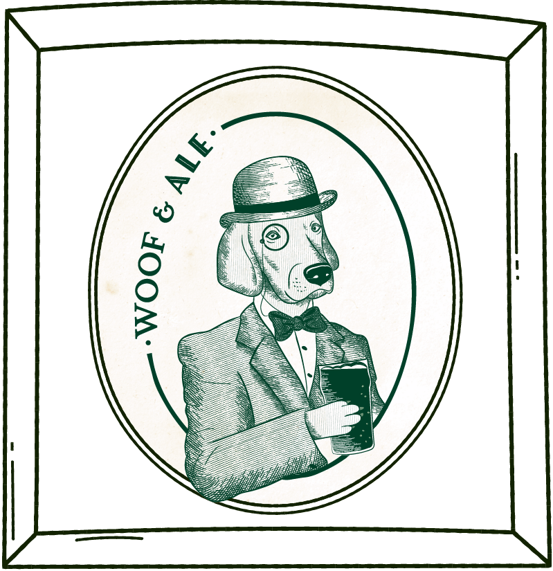 vintage style character logo of a dog in a bowler hat and monocle holding a pint of beer, for a pet friendly food truck ale experience.